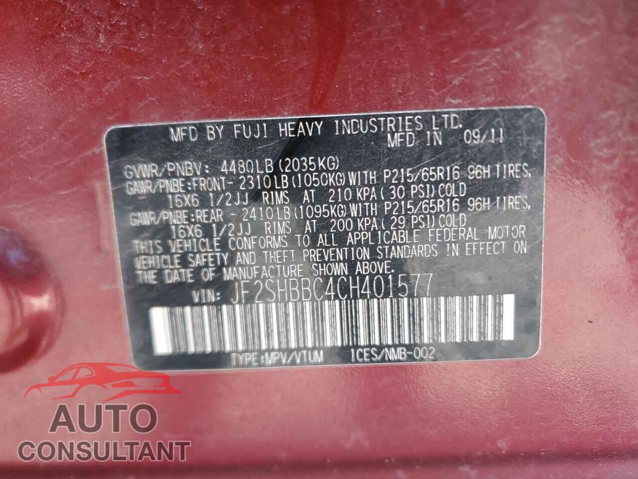 SUBARU FORESTER 2012 - JF2SHBBC4CH401577