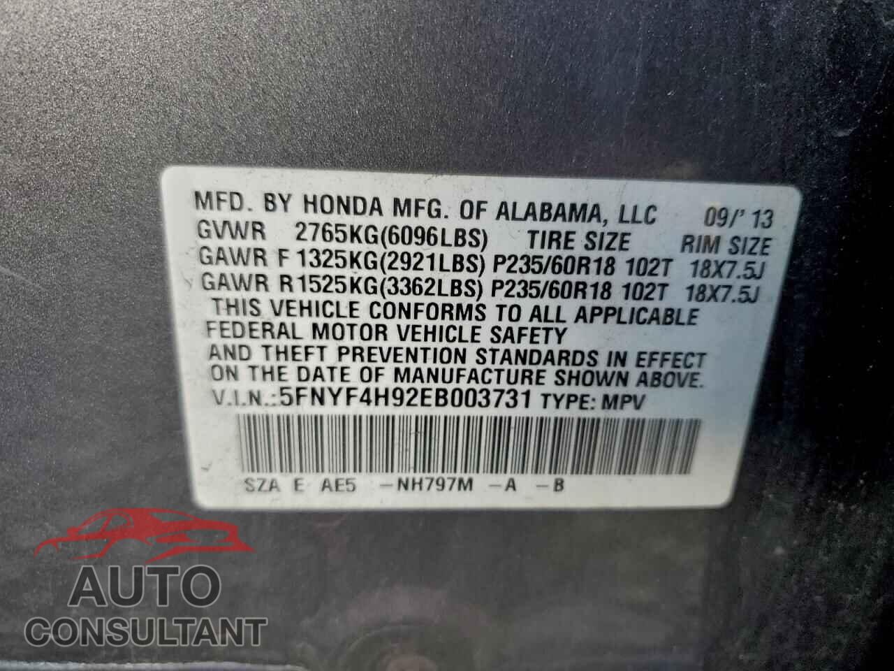 HONDA PILOT 2014 - 5FNYF4H92EB003731