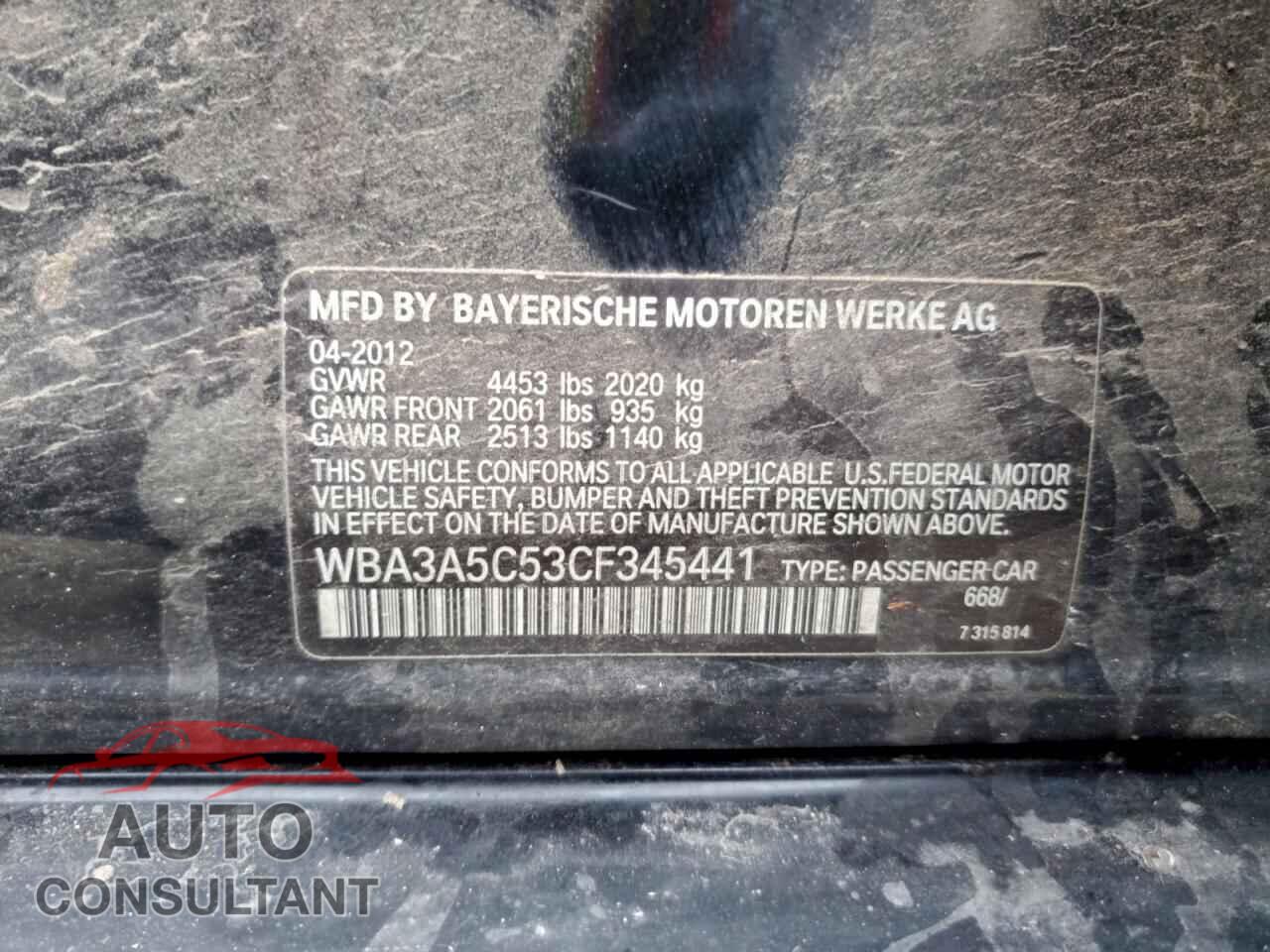 BMW 3 SERIES 2012 - WBA3A5C53CF345441