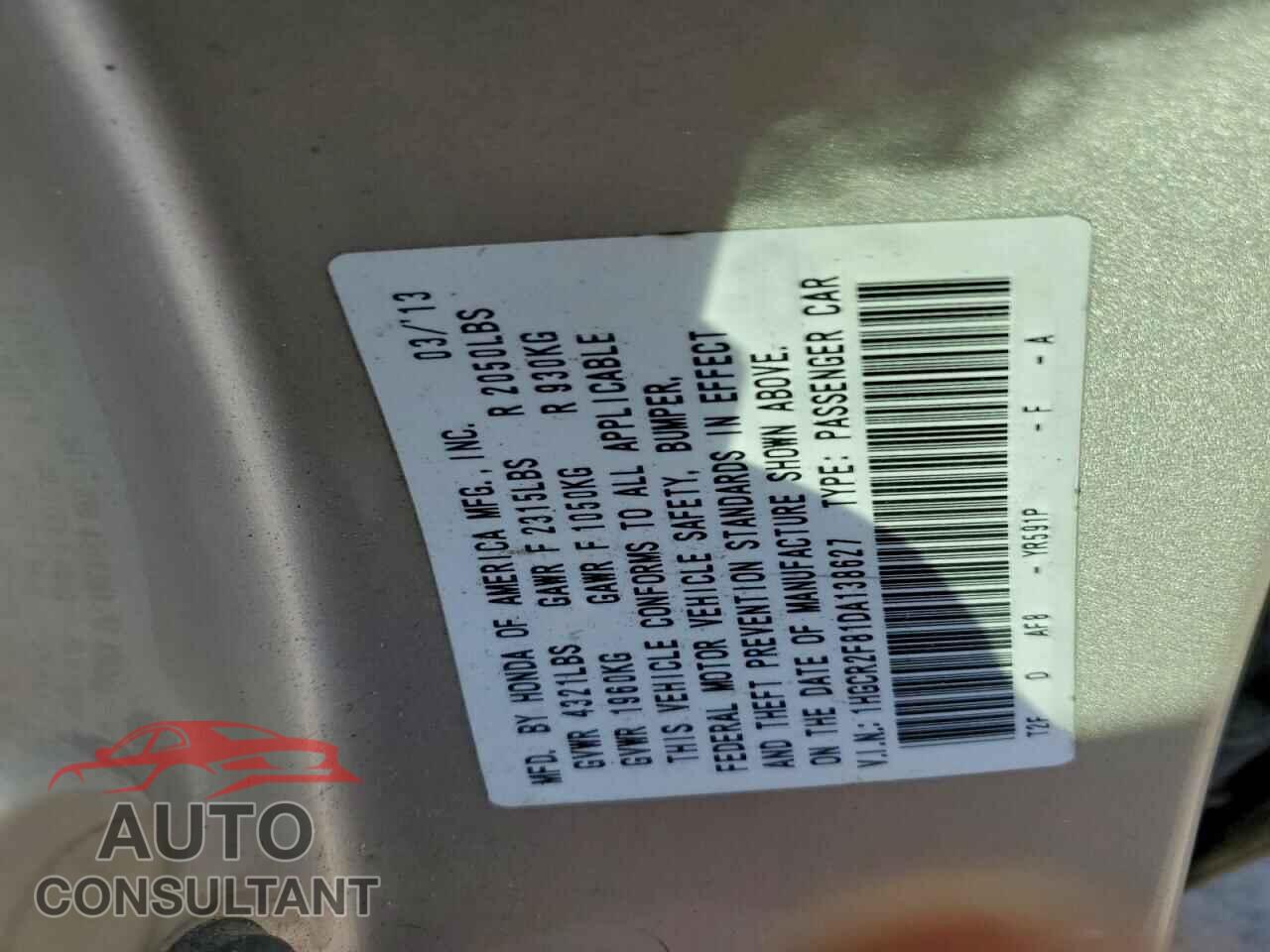 HONDA ACCORD 2013 - 1HGCR2F81DA138627
