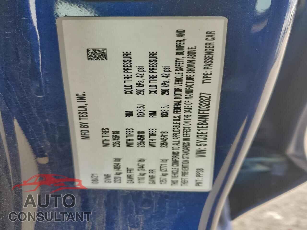 TESLA MODEL 3 2021 - 5YJ3E1EB4MF032827