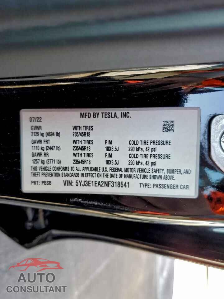 TESLA MODEL 3 2022 - 5YJ3E1EA2NF318541
