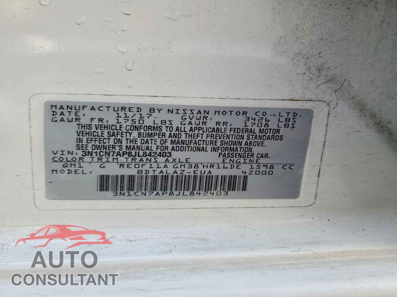 NISSAN VERSA 2018 - 3N1CN7AP8JL842403