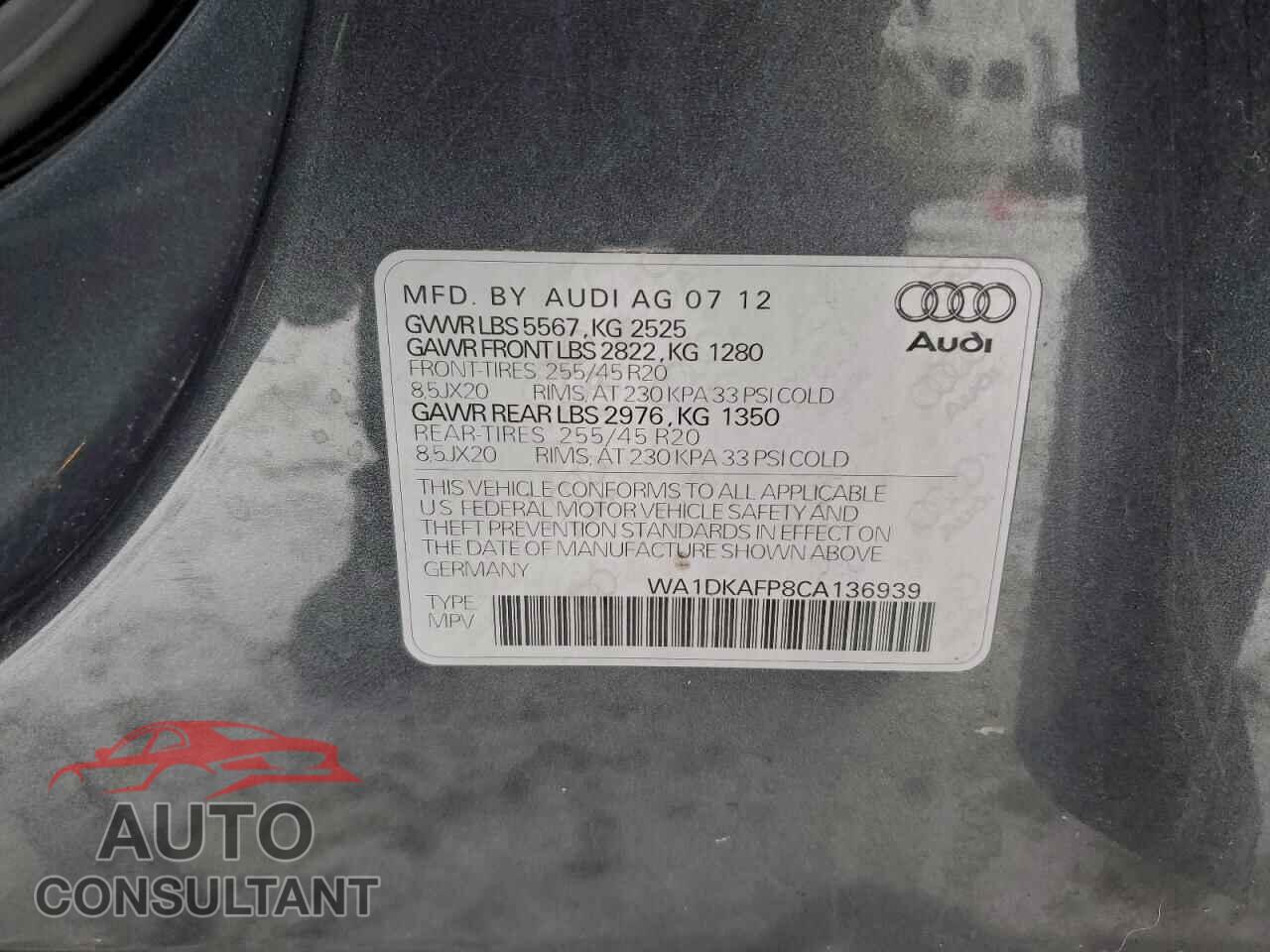 AUDI Q5 2012 - WA1DKAFP8CA136939