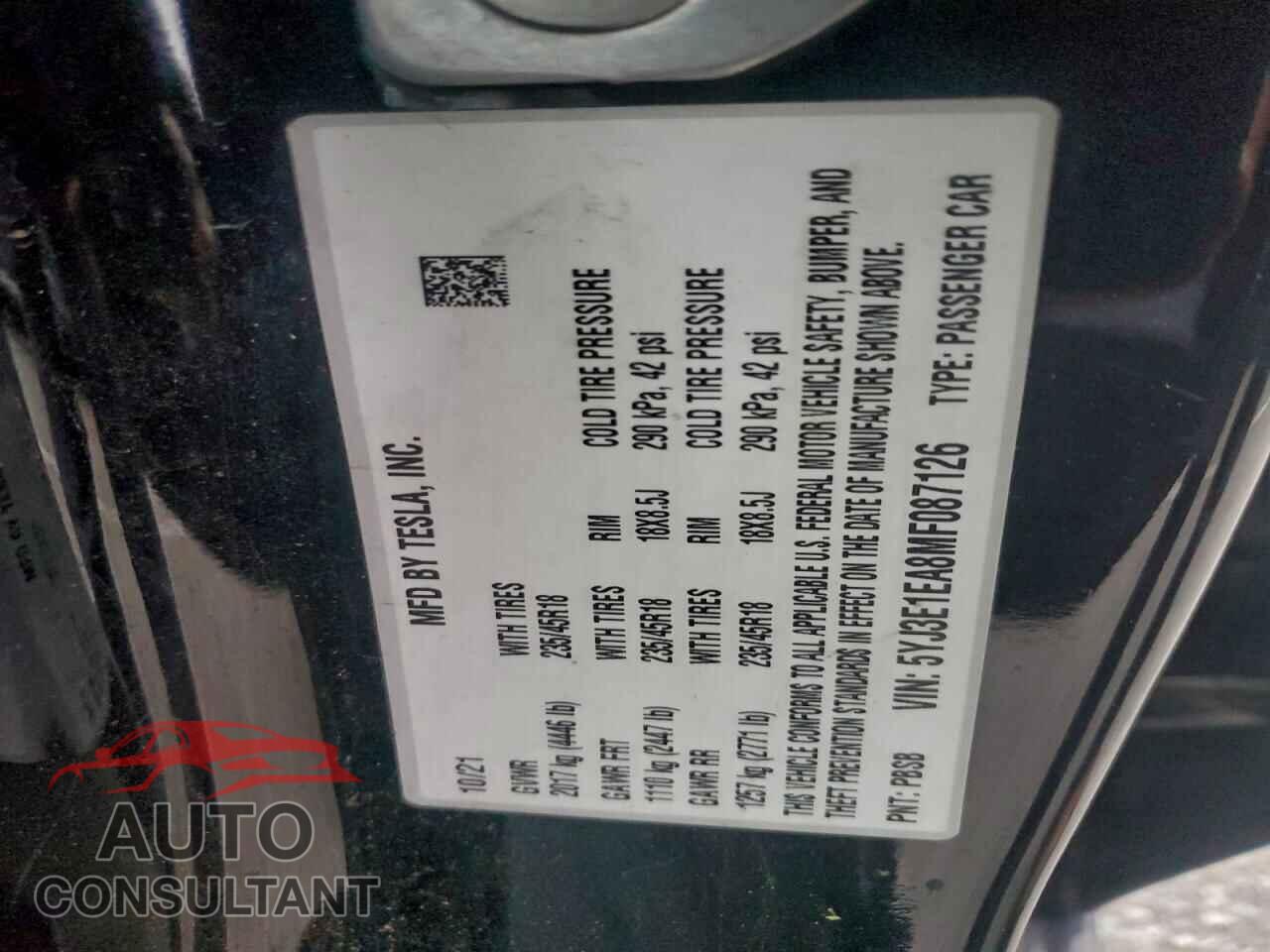TESLA MODEL 3 2021 - 5YJ3E1EA8MF087126