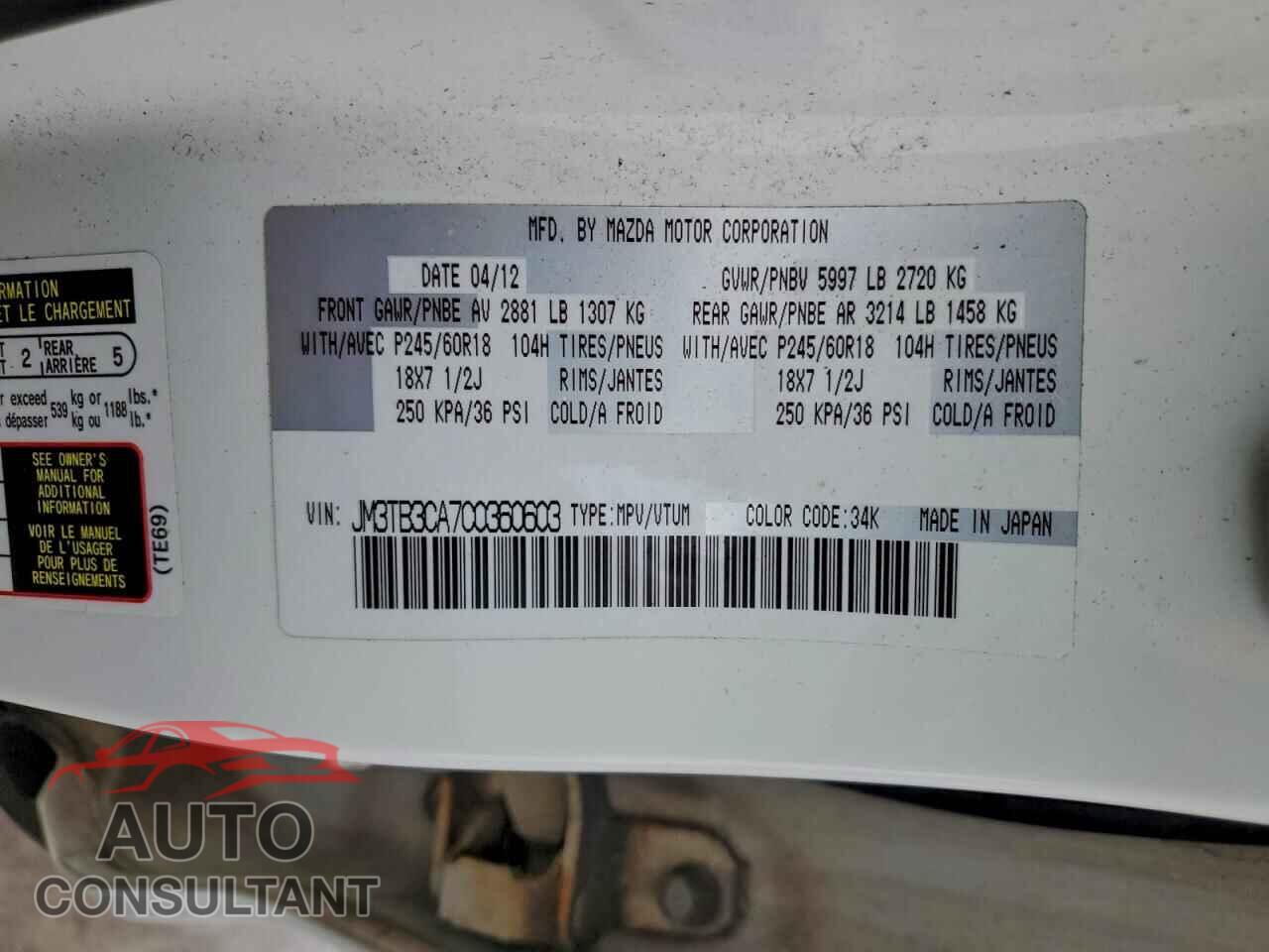 MAZDA CX-9 2012 - JM3TB3CA7C0360603