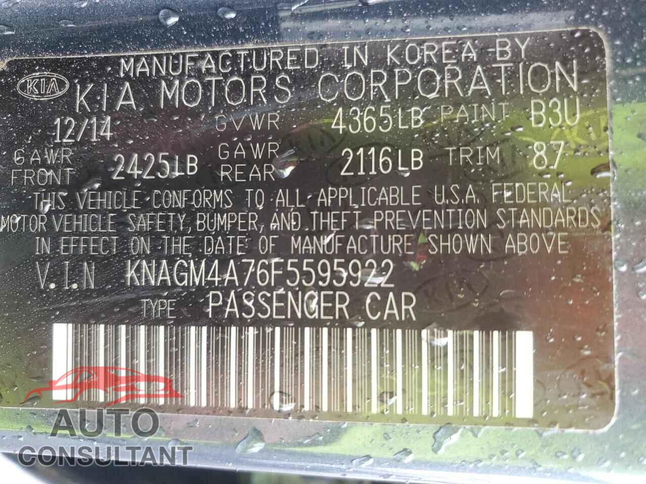 KIA OPTIMA 2015 - KNAGM4A76F5595922