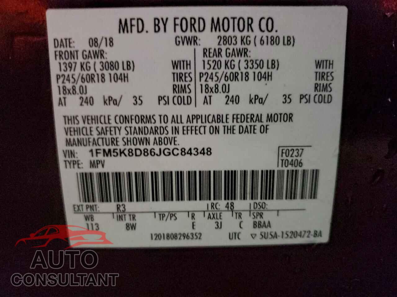FORD EXPLORER 2018 - 1FM5K8D86JGC84348