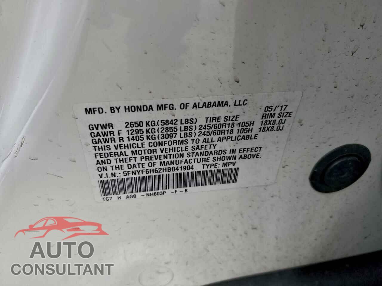 HONDA PILOT 2017 - 5FNYF6H62HB041904