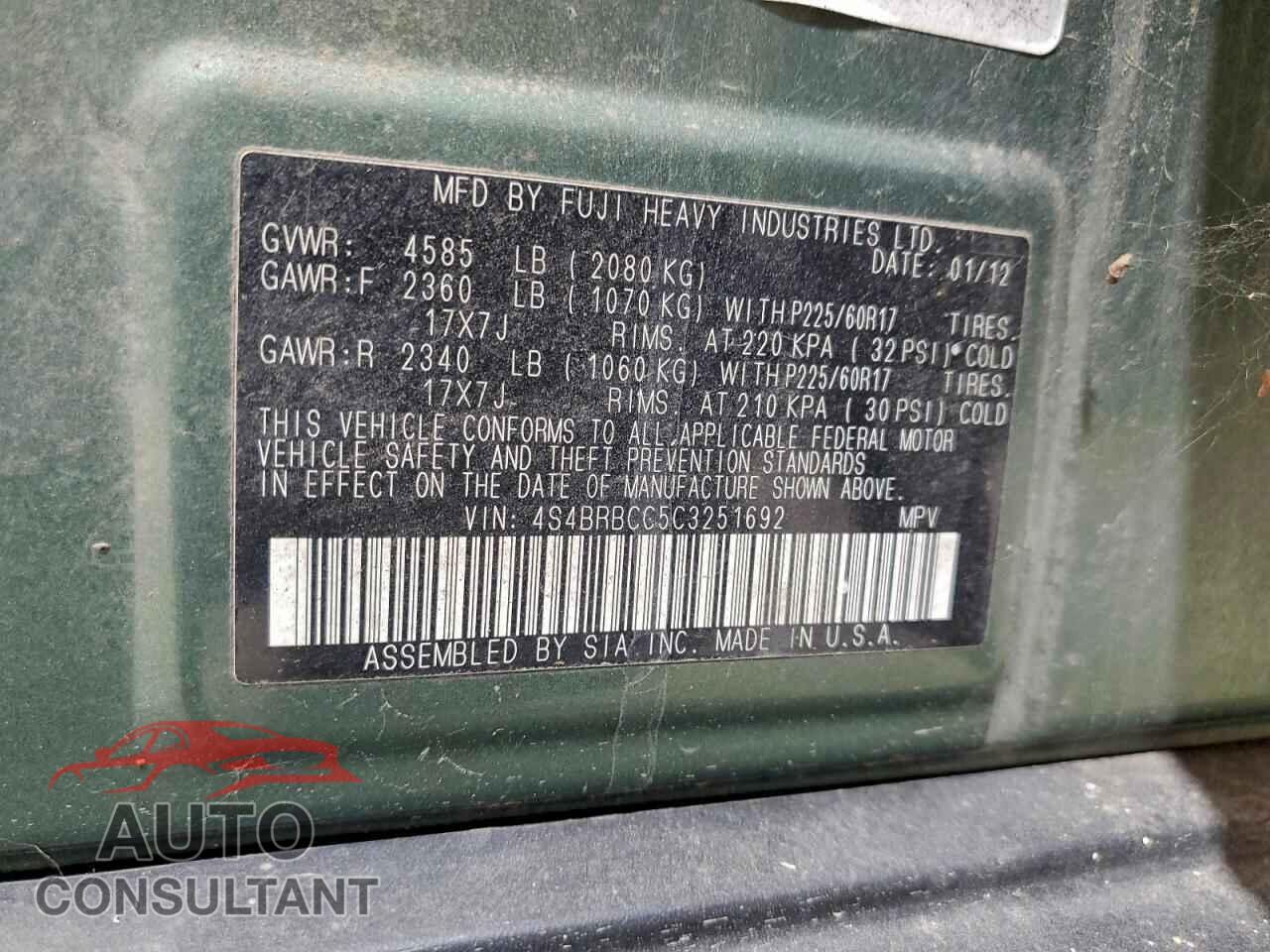 SUBARU OUTBACK 2012 - 4S4BRBCC5C3251692