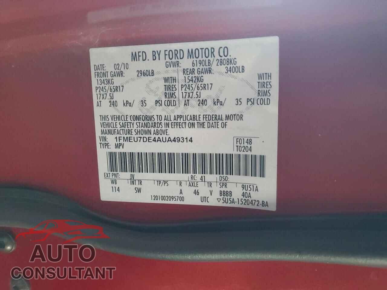 FORD EXPLORER 2010 - 1FMEU7DE4AUA49314