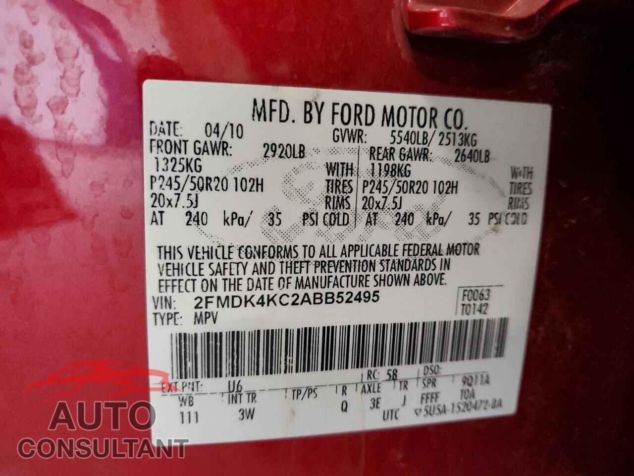 FORD EDGE 2010 - 2FMDK4KC2ABB52495