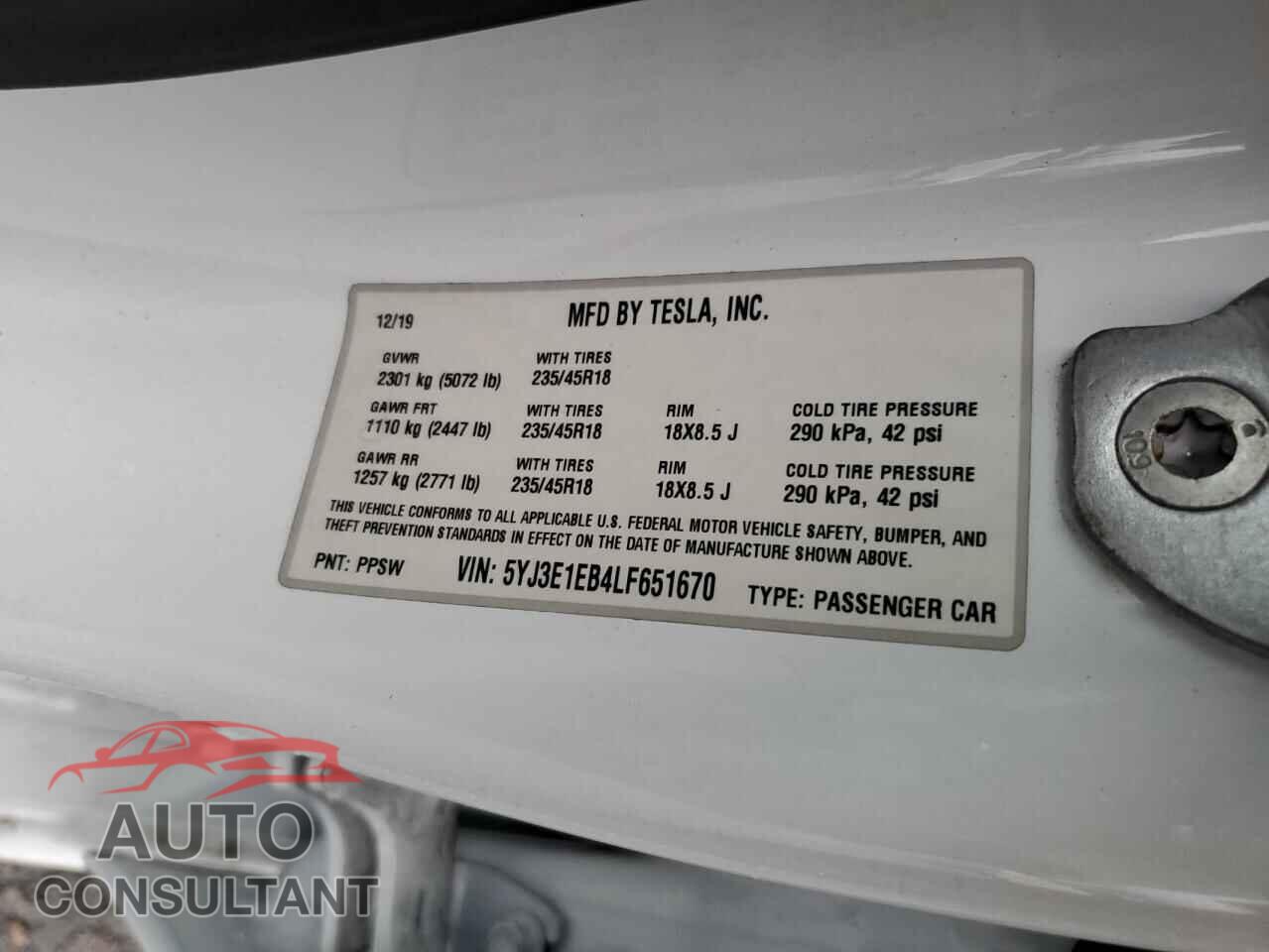 TESLA MODEL 3 2020 - 5YJ3E1EB4LF651670