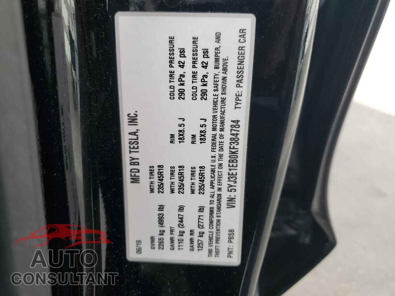 TESLA MODEL 3 2019 - 5YJ3E1EB0KF384784