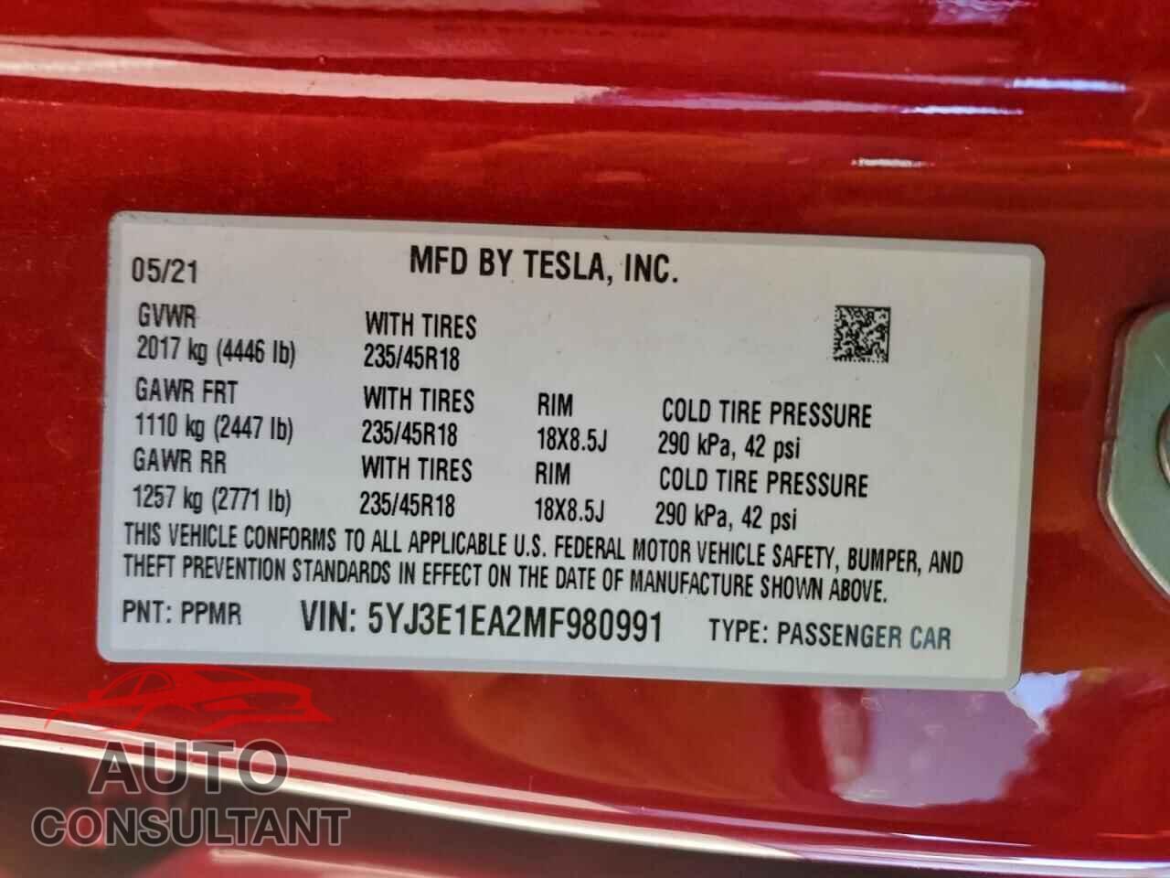 TESLA MODEL 3 2021 - 5YJ3E1EA2MF980991