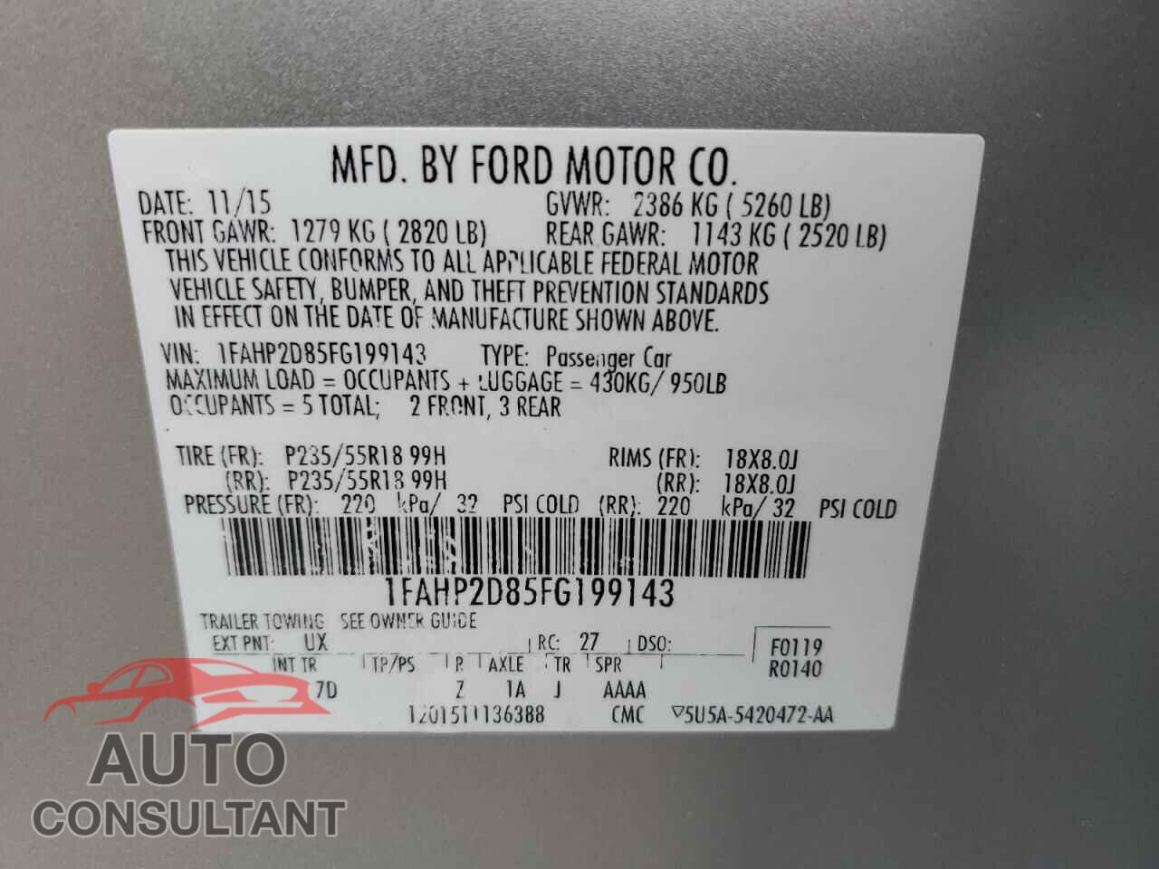 FORD TAURUS 2015 - 1FAHP2D85FG199143