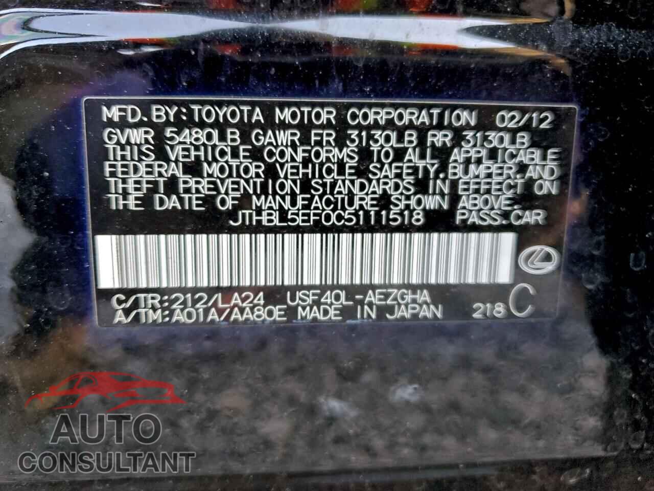 LEXUS LS460 2012 - JTHBL5EF0C5111518