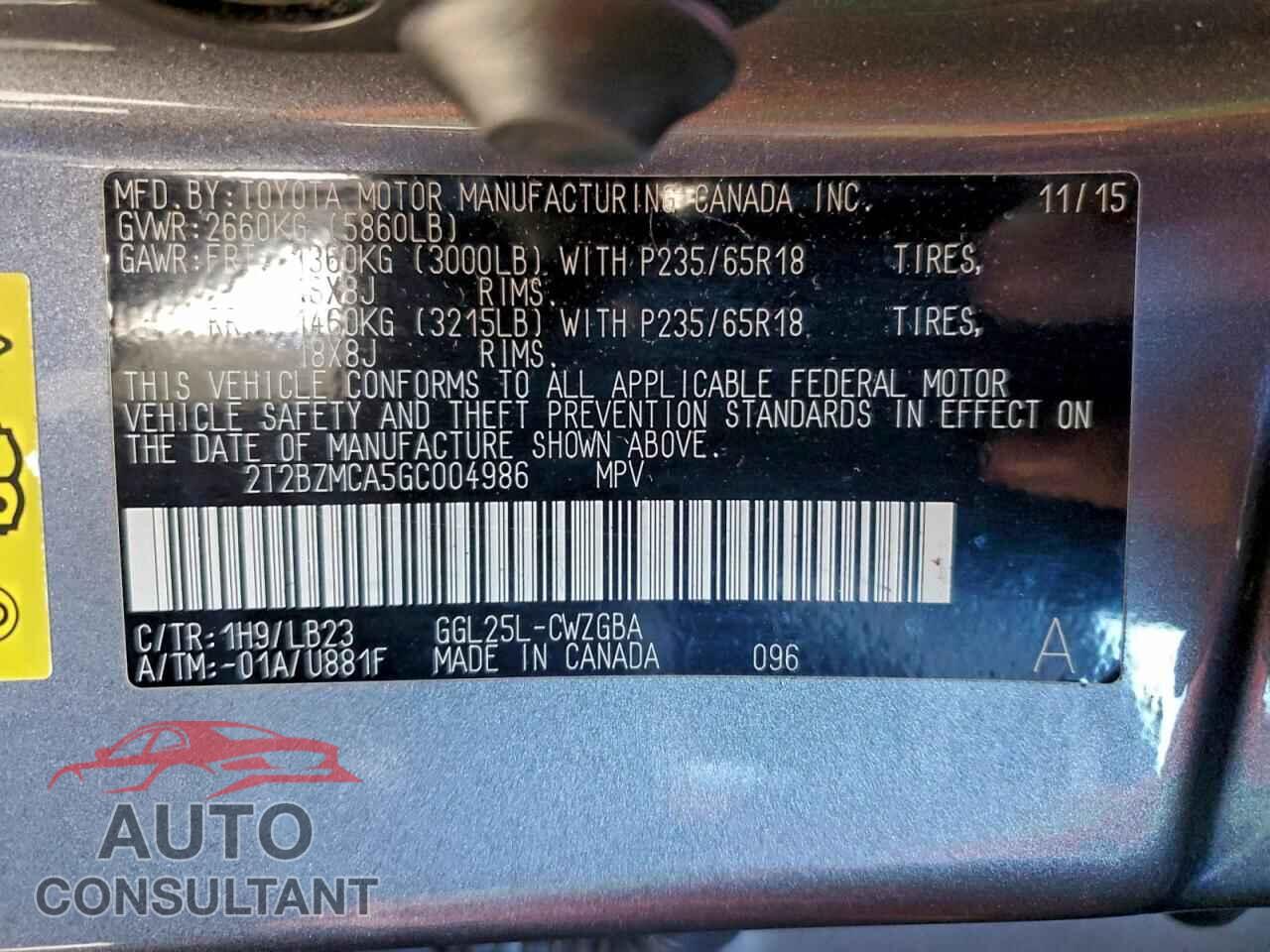 LEXUS RX350 2016 - 2T2BZMCA5GC004986