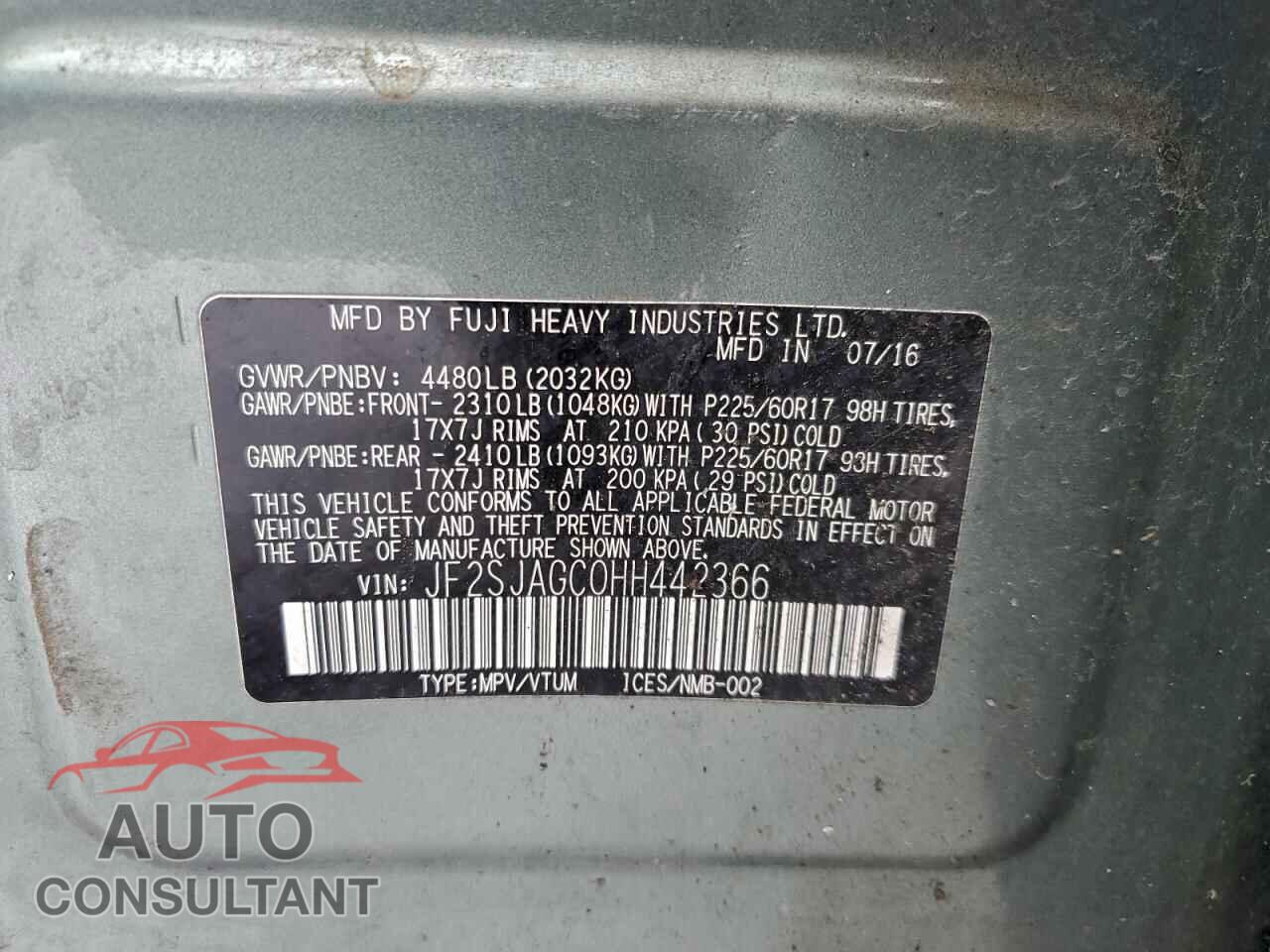 SUBARU FORESTER 2017 - JF2SJAGC0HH442366