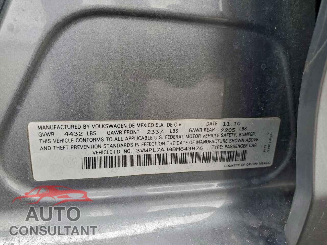 VOLKSWAGEN JETTA 2011 - 3VWPL7AJ8BM643876