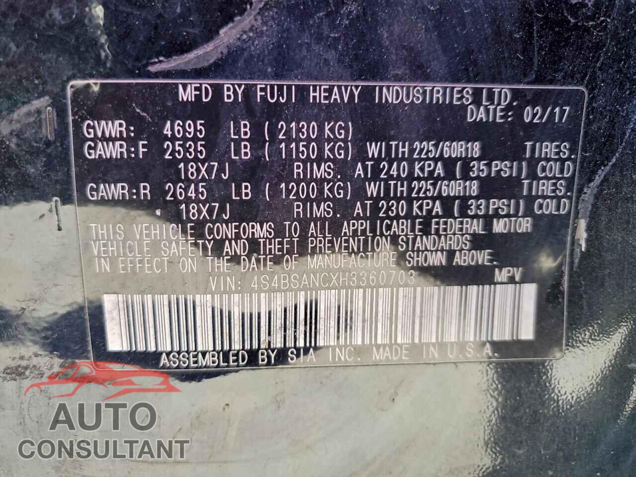 SUBARU OUTBACK 2017 - 4S4BSANCXH3360703