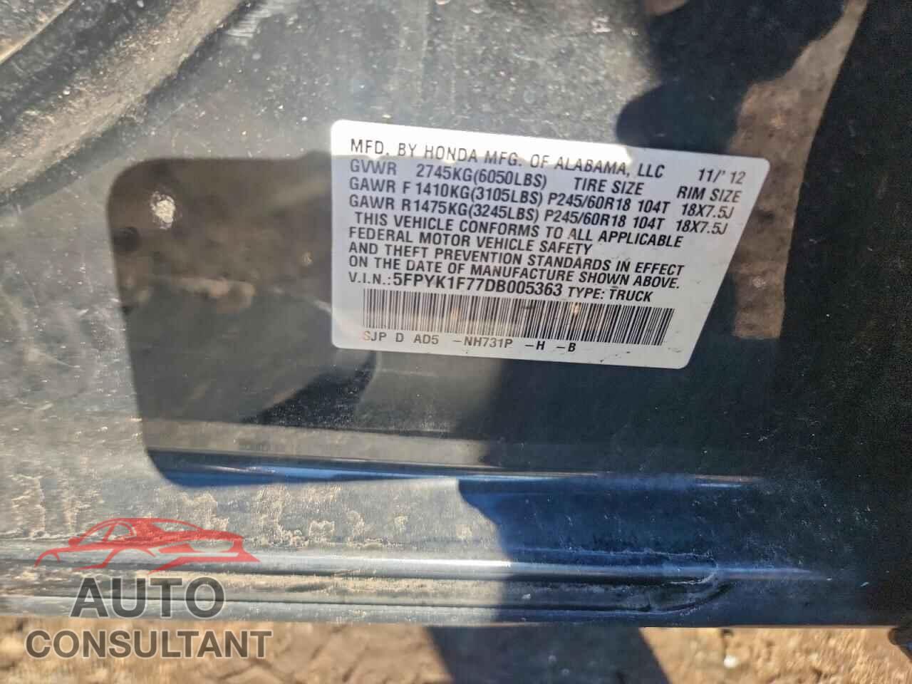 HONDA RIDGELINE 2013 - 5FPYK1F77DB005363