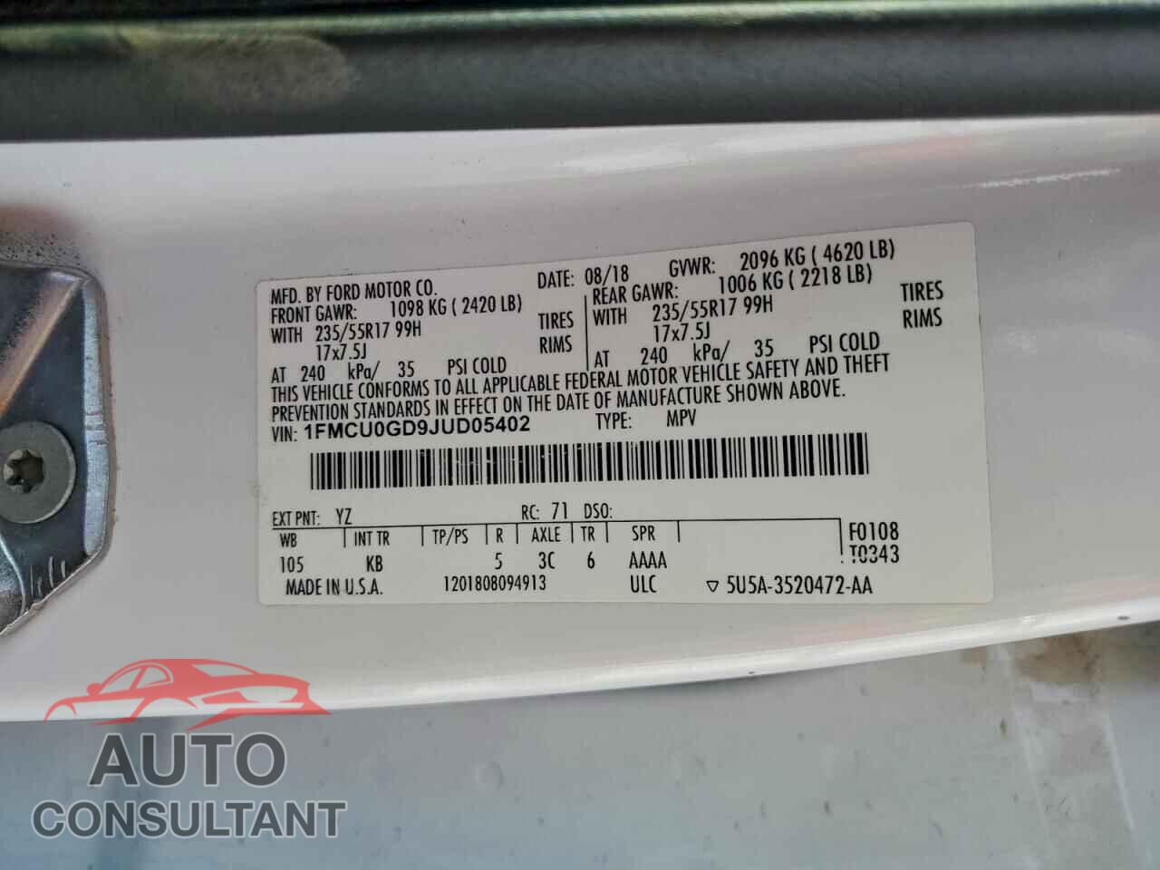 FORD ESCAPE 2018 - 1FMCU0GD9JUD05402