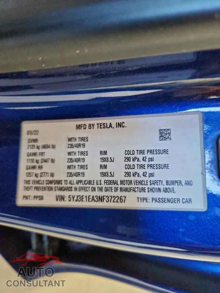TESLA MODEL 3 2022 - 5YJ3E1EA3NF372267