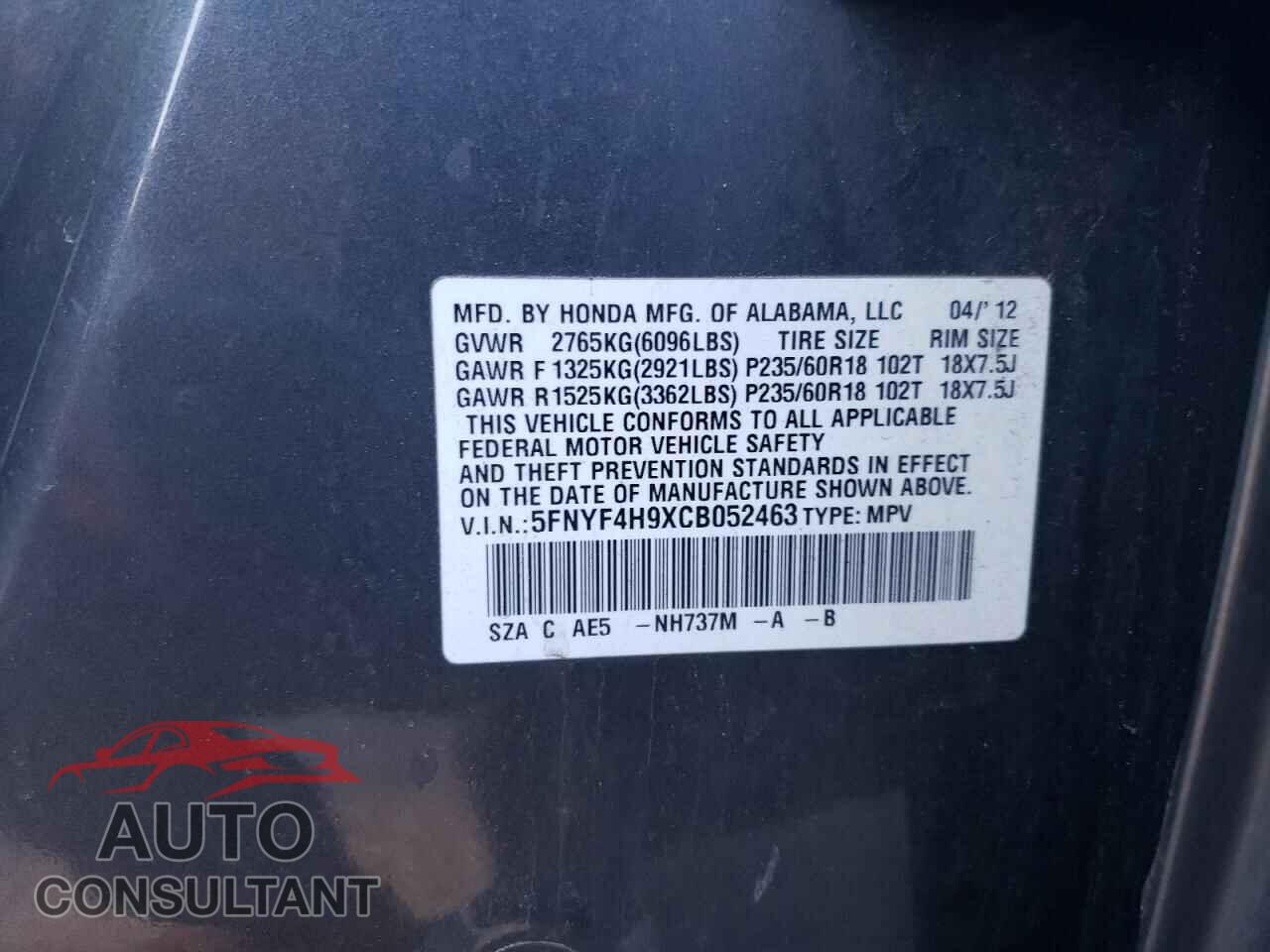 HONDA PILOT 2012 - 5FNYF4H9XCB052463