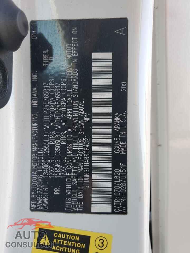 TOYOTA HIGHLANDER 2011 - 5TDBK3EH4BS064321