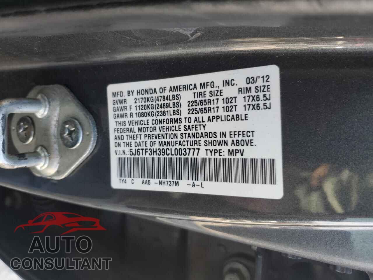 HONDA CROSSTOUR 2012 - 5J6TF3H39CL003777