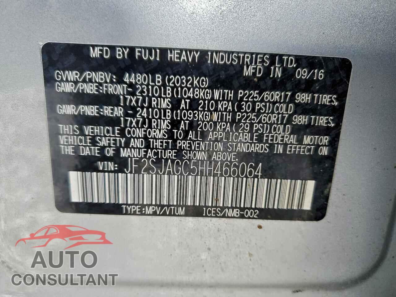 SUBARU FORESTER 2017 - JF2SJAGC5HH466064