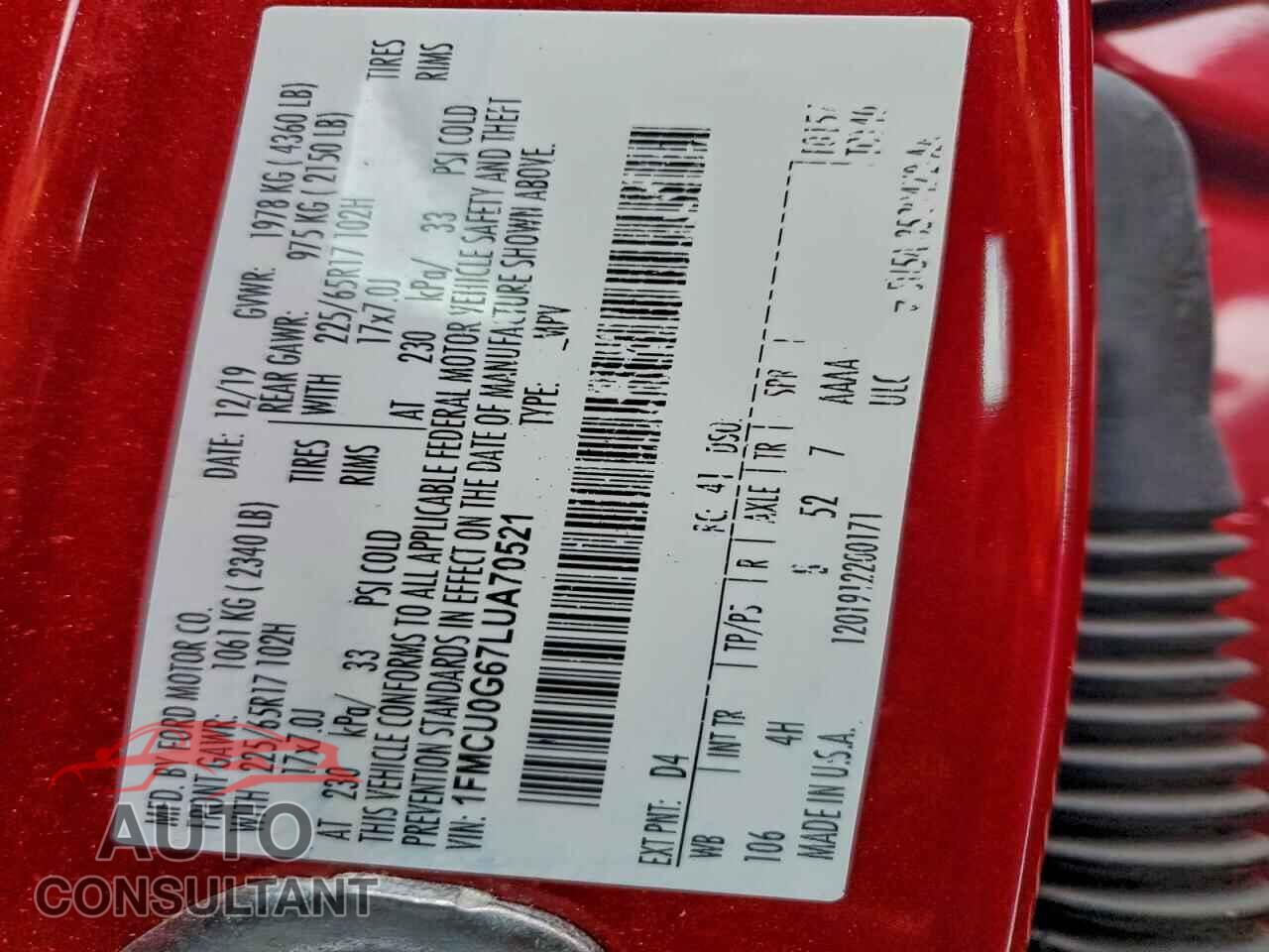 FORD ESCAPE 2020 - 1FMCU0G67LUA70521