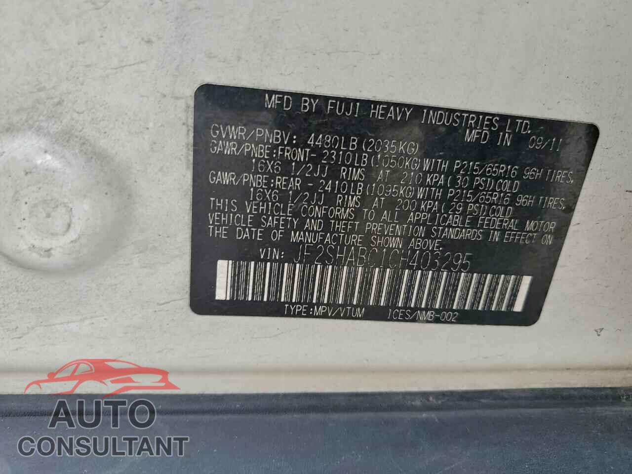 SUBARU FORESTER 2012 - JF2SHABC1CH403295