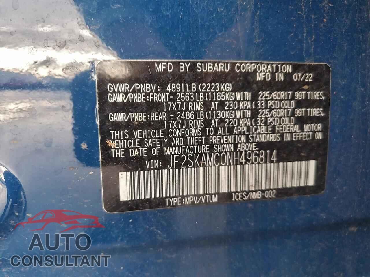 SUBARU FORESTER 2022 - JF2SKAMC0NH496814