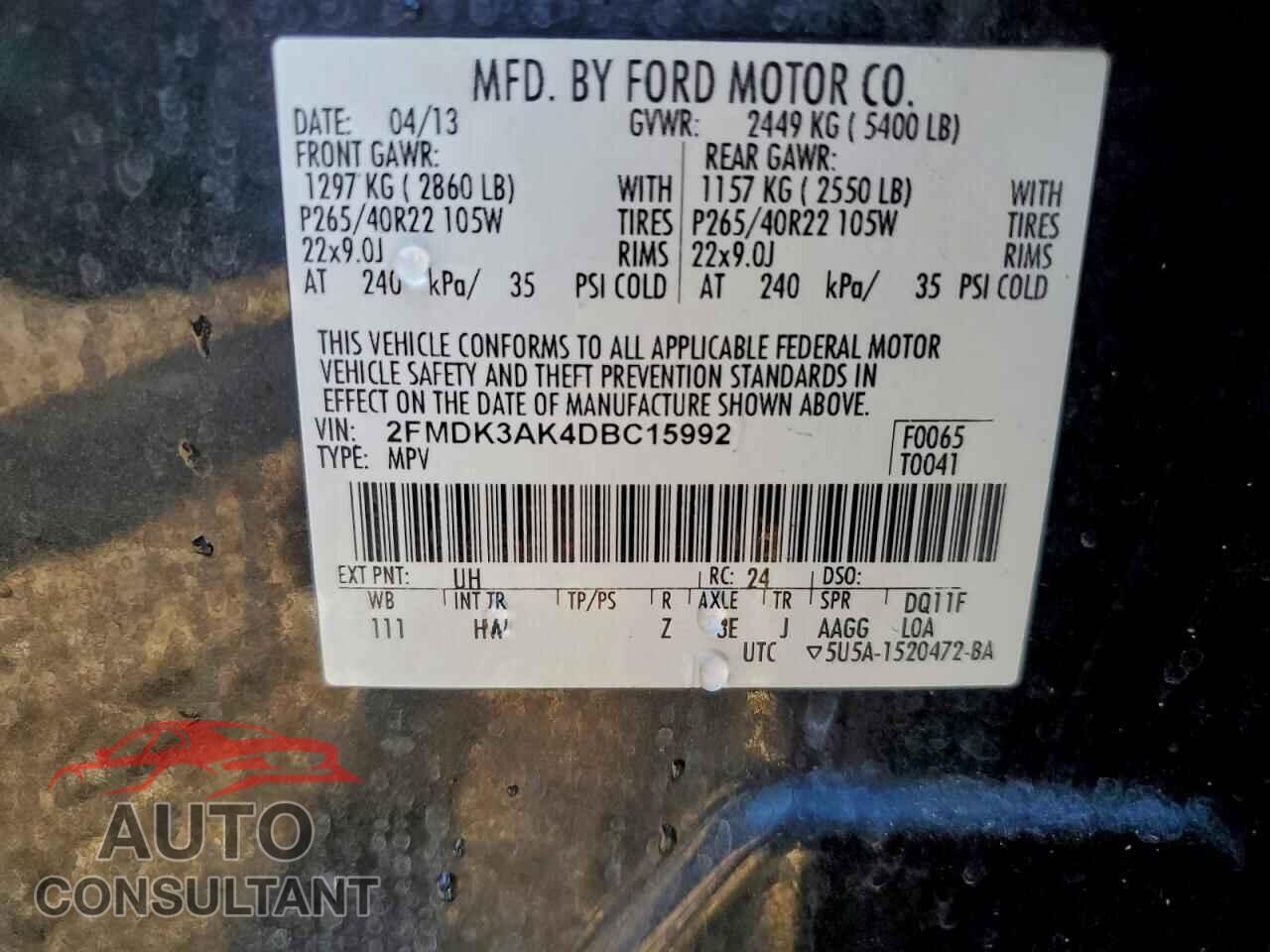 FORD EDGE 2013 - 2FMDK3AK4DBC15992