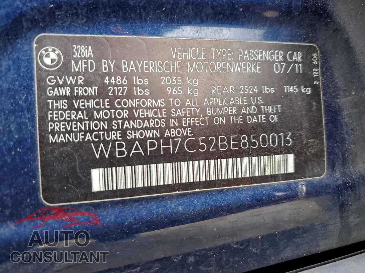 BMW 3 SERIES 2011 - WBAPH7C52BE850013