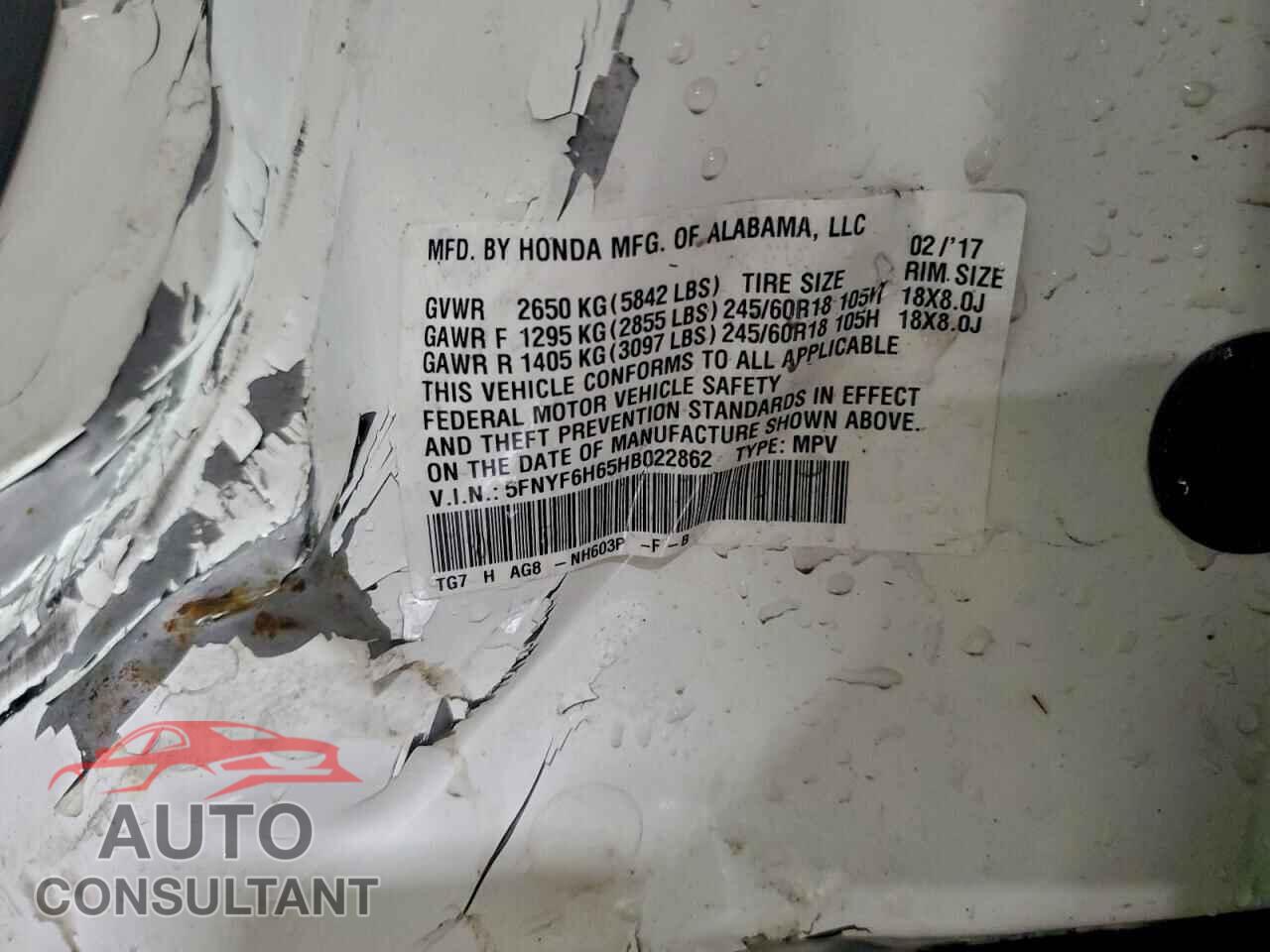 HONDA PILOT 2017 - 5FNYF6H65HB022862
