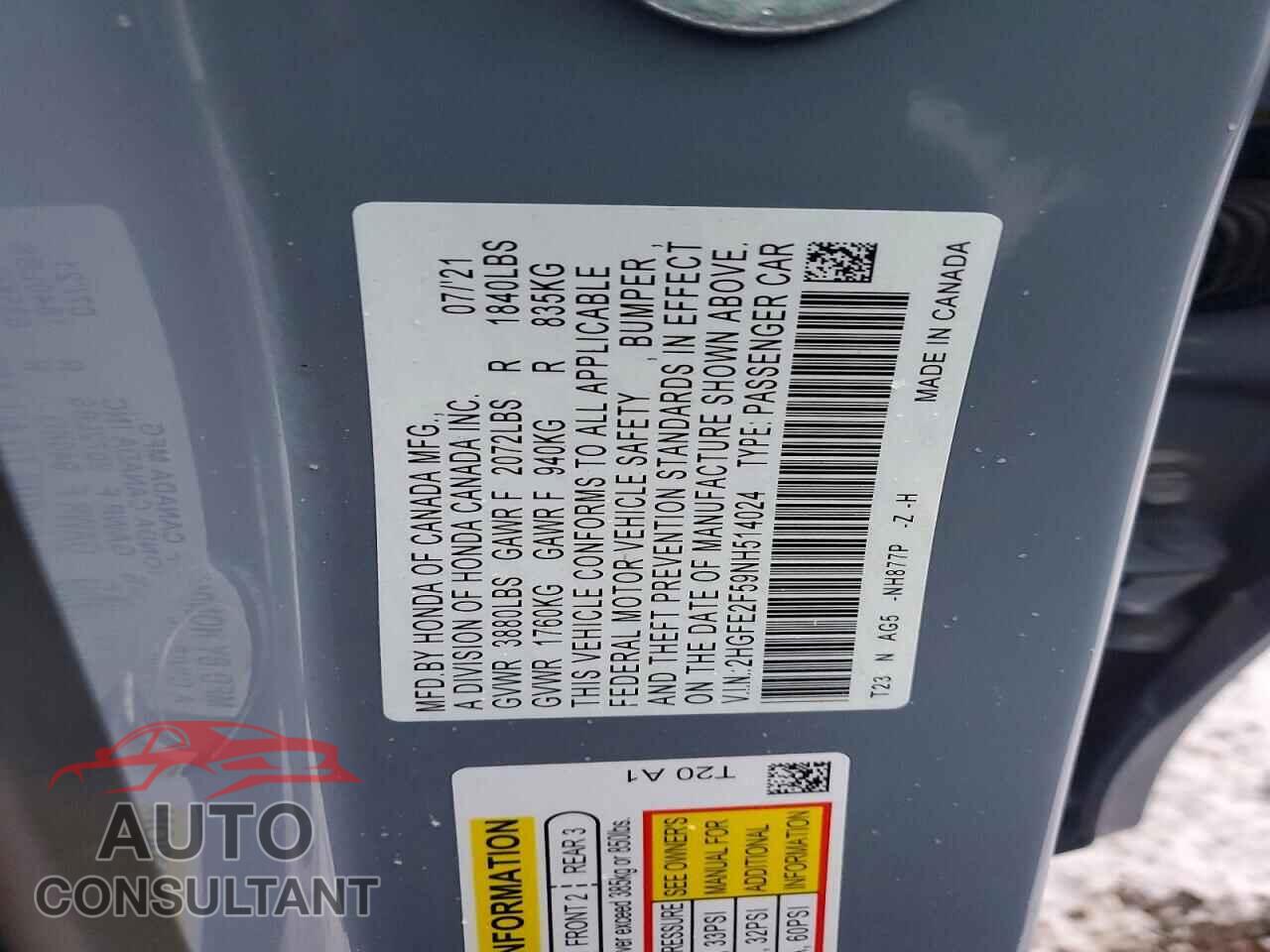 HONDA CIVIC 2022 - 2HGFE2F59NH514024