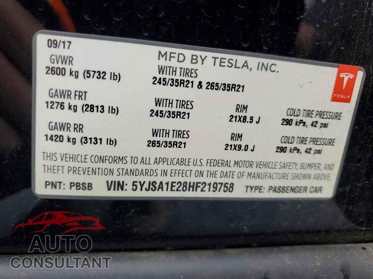 TESLA MODEL S 2017 - 5YJSA1E28HF219758
