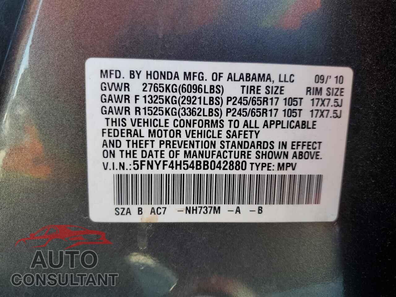 HONDA PILOT 2011 - 5FNYF4H54BB042880