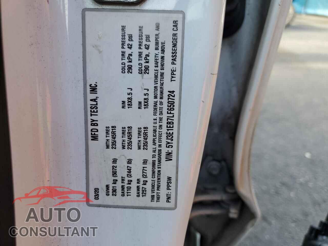 TESLA MODEL 3 2020 - 5YJ3E1EB7LF650724