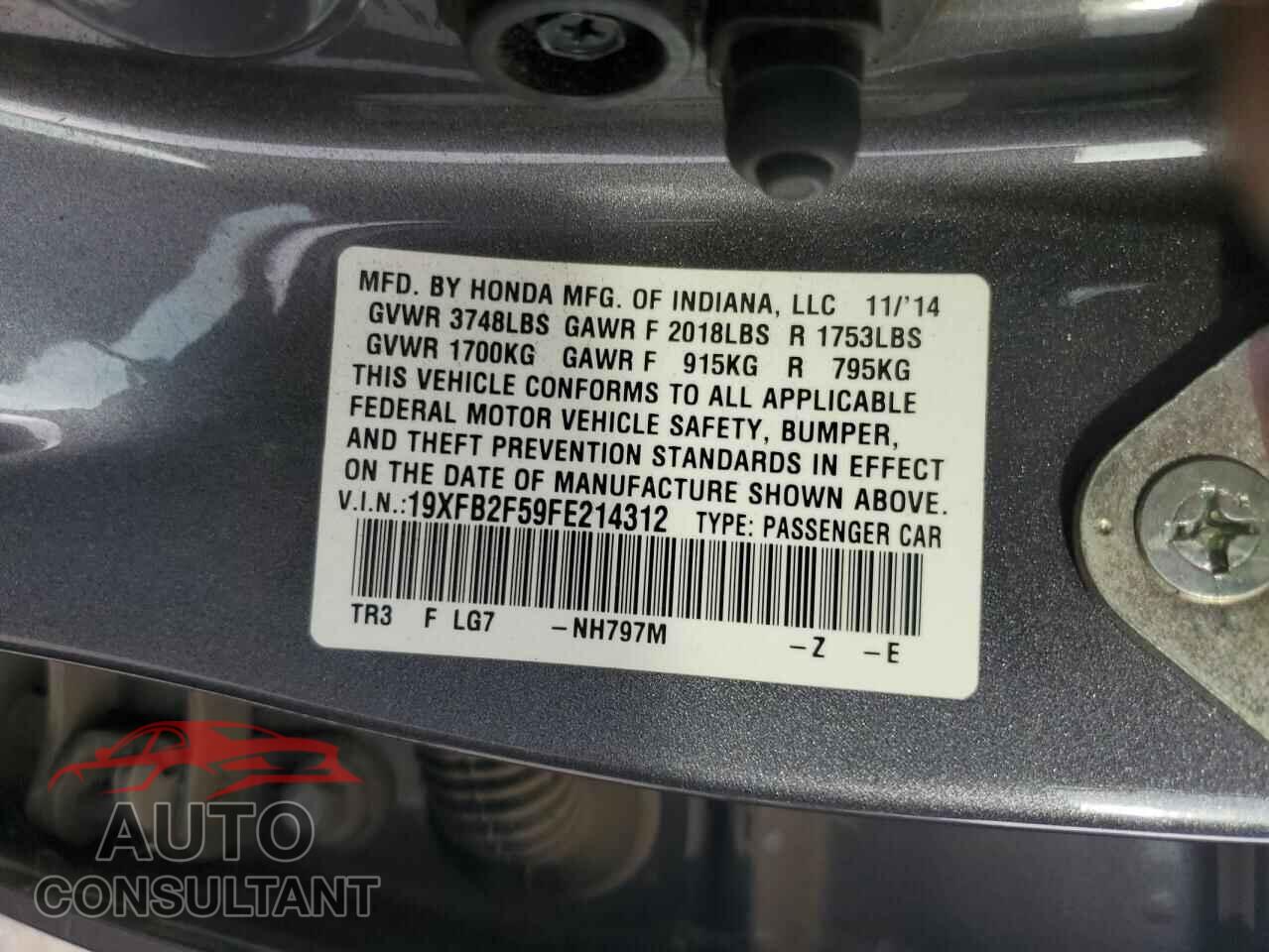 HONDA CIVIC 2015 - 19XFB2F59FE214312