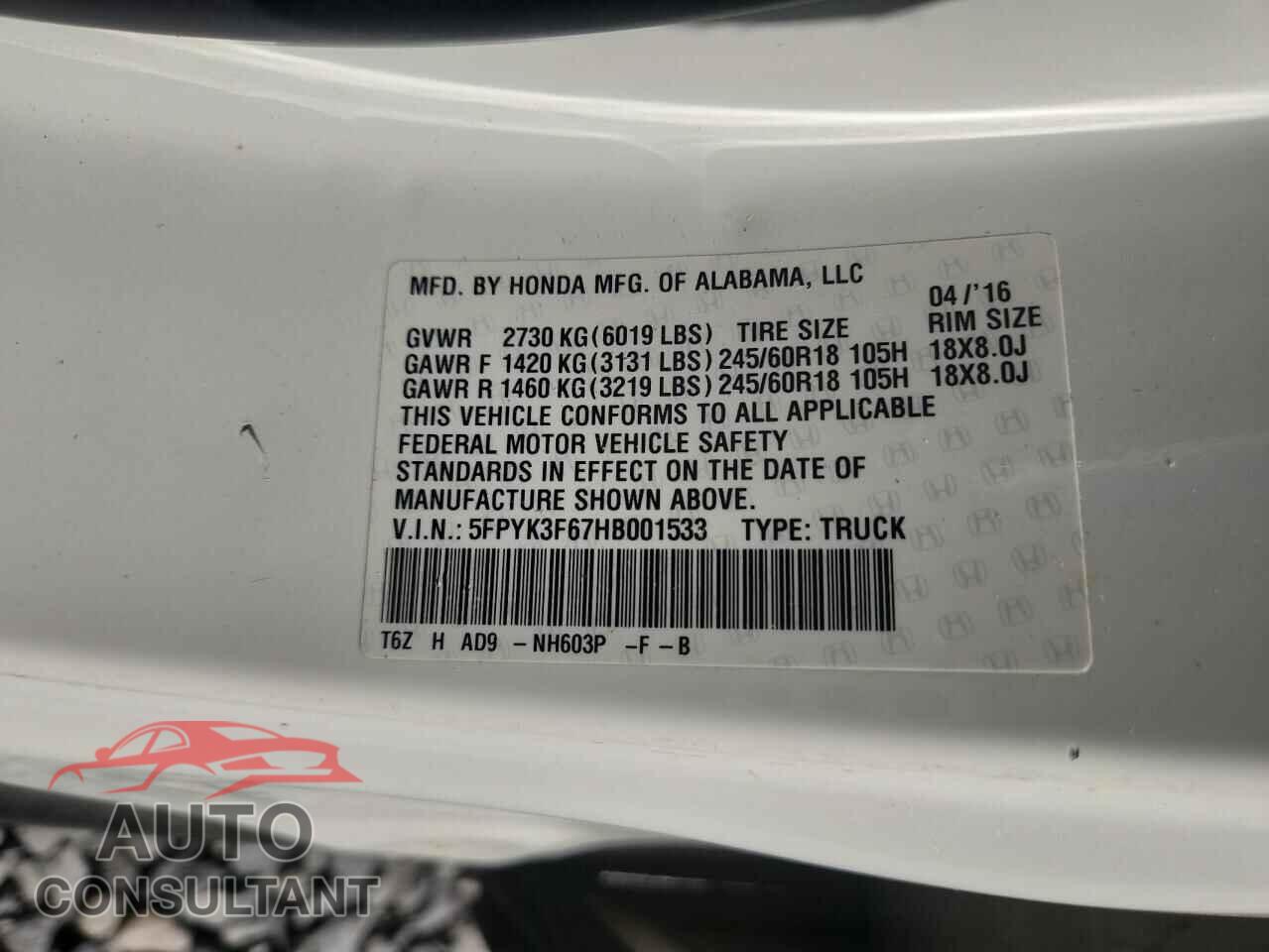HONDA RIDGELINE 2017 - 5FPYK3F67HB001533