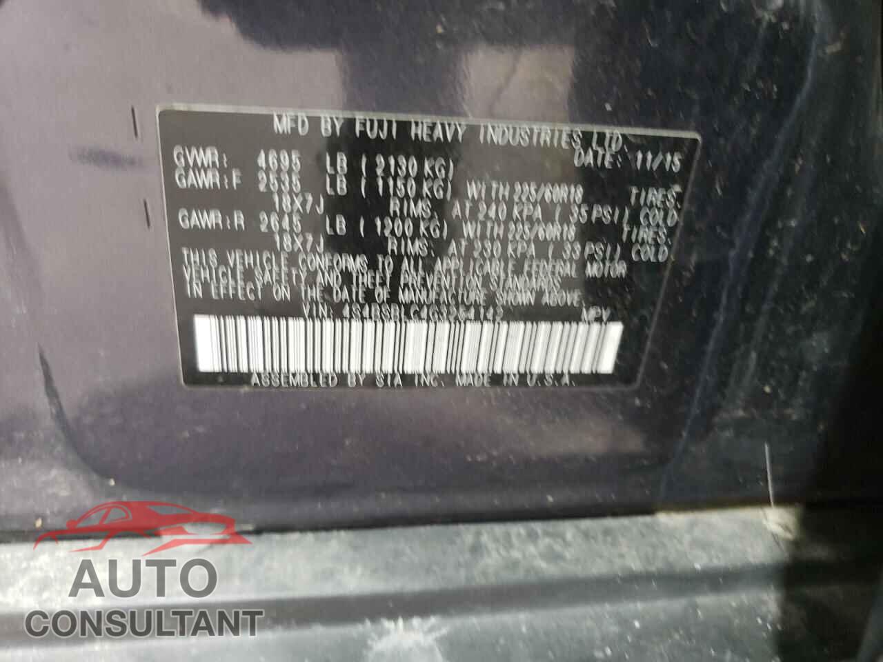 SUBARU OUTBACK 2016 - 4S4BSBLC4G3254142
