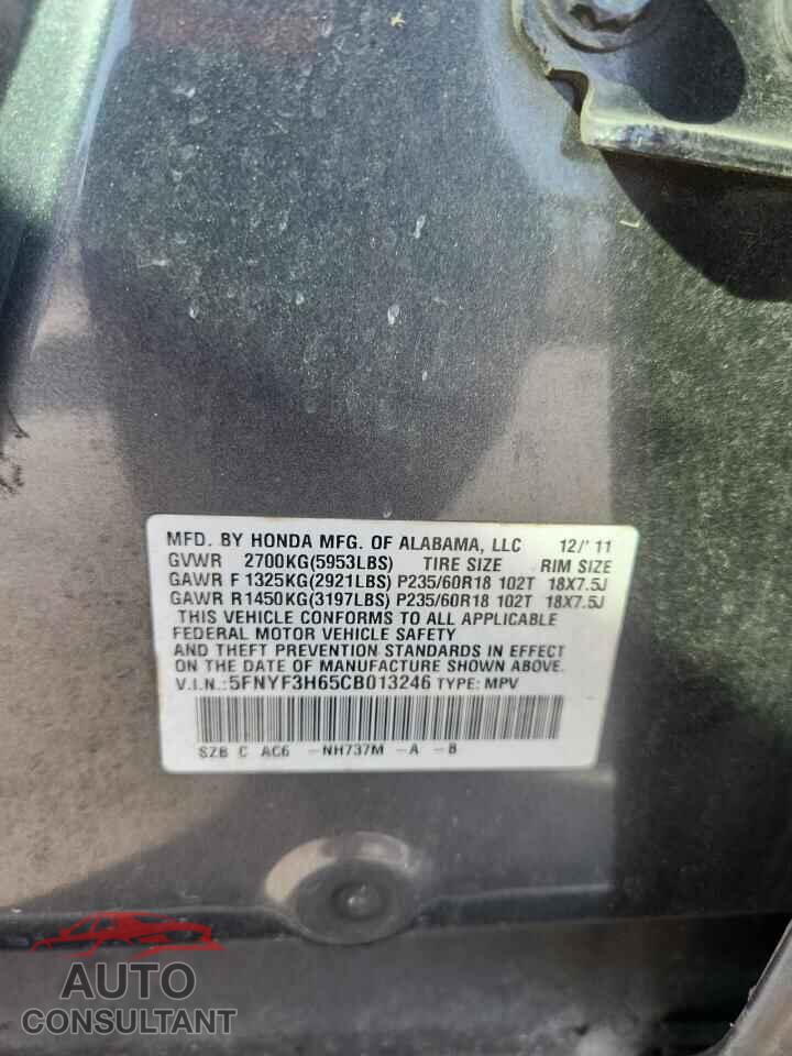 HONDA PILOT 2012 - 5FNYF3H65CB013246