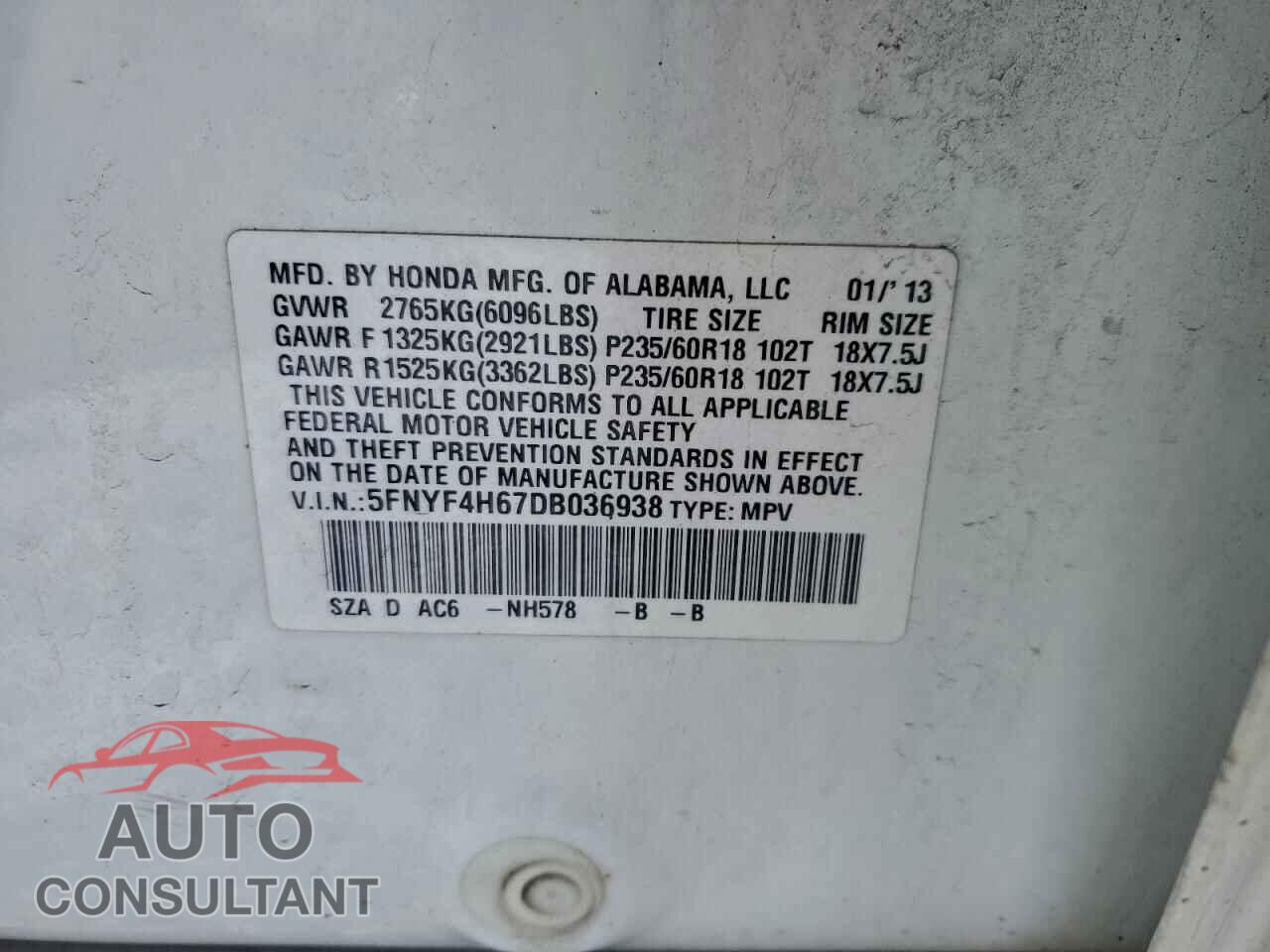 HONDA PILOT 2013 - 5FNYF4H67DB036938