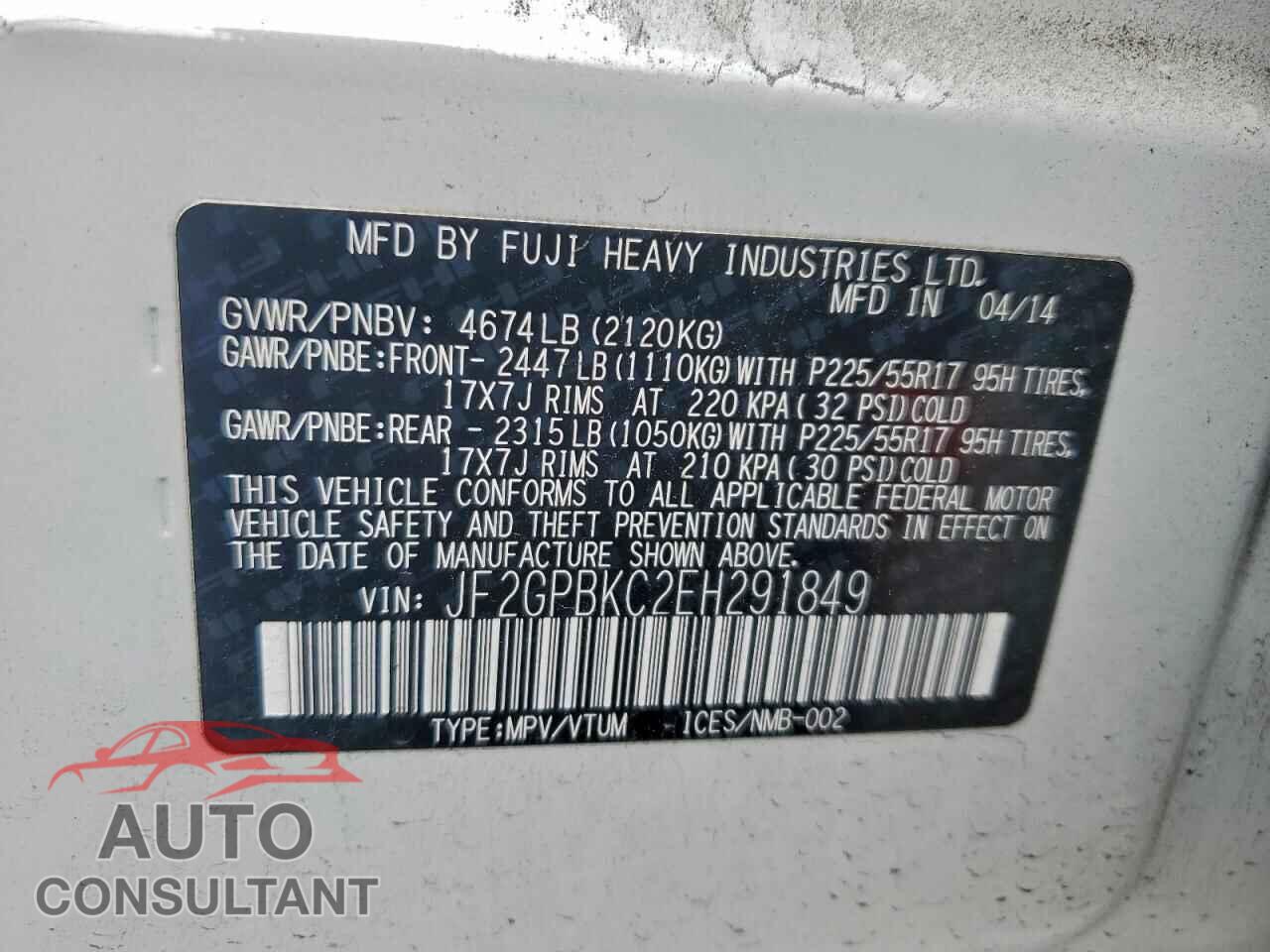 SUBARU XV 2014 - JF2GPBKC2EH291849