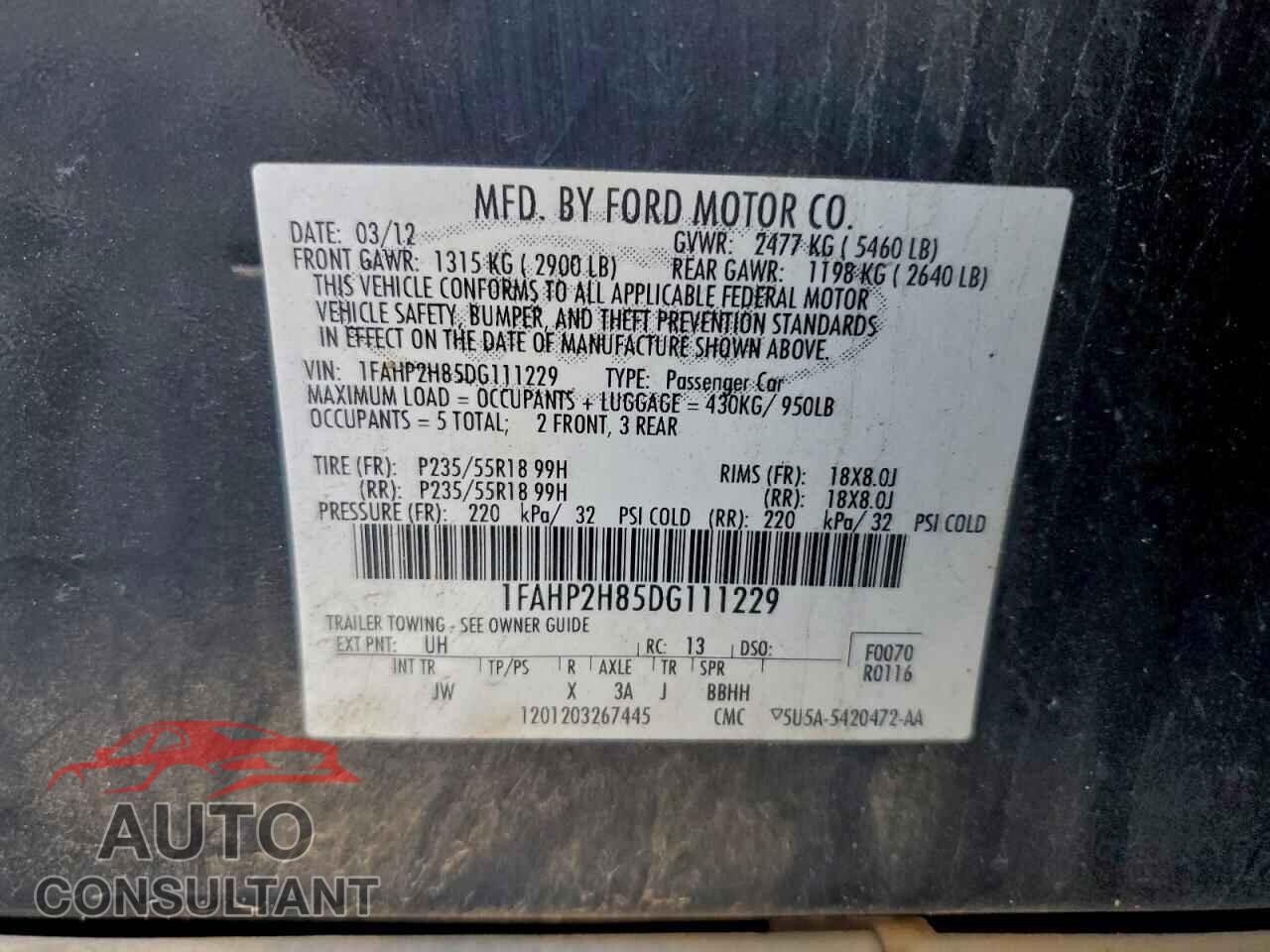 FORD TAURUS 2013 - 1FAHP2H85DG111229