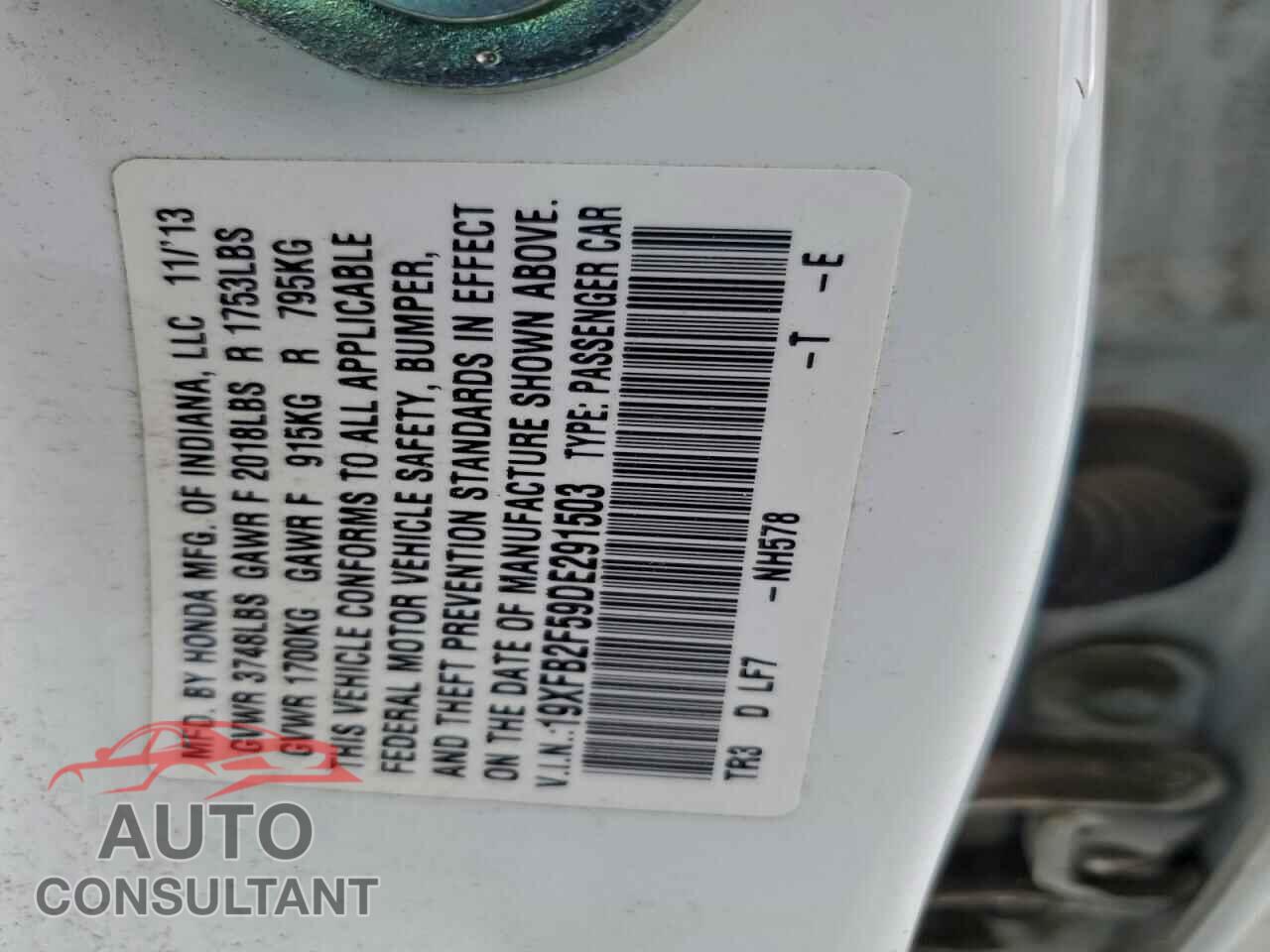HONDA CIVIC 2013 - 19XFB2F59DE291503